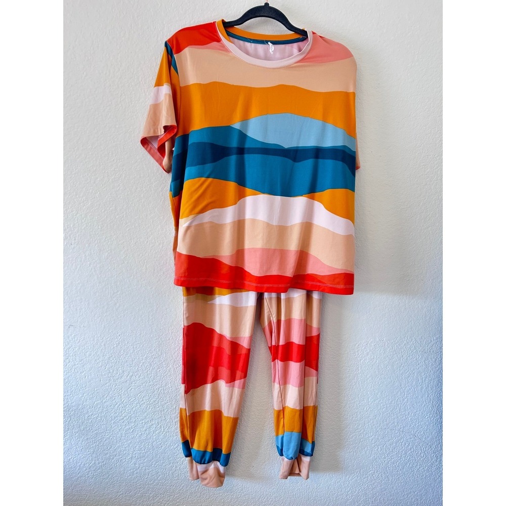 Mason Grey Bree‎ Cloud Jersey PJ Set "Sunset" Colorful Lounge Pajama Set SZ L